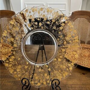 Vintage Cambridge rose point gold encrusted glass platter 14 inches wide